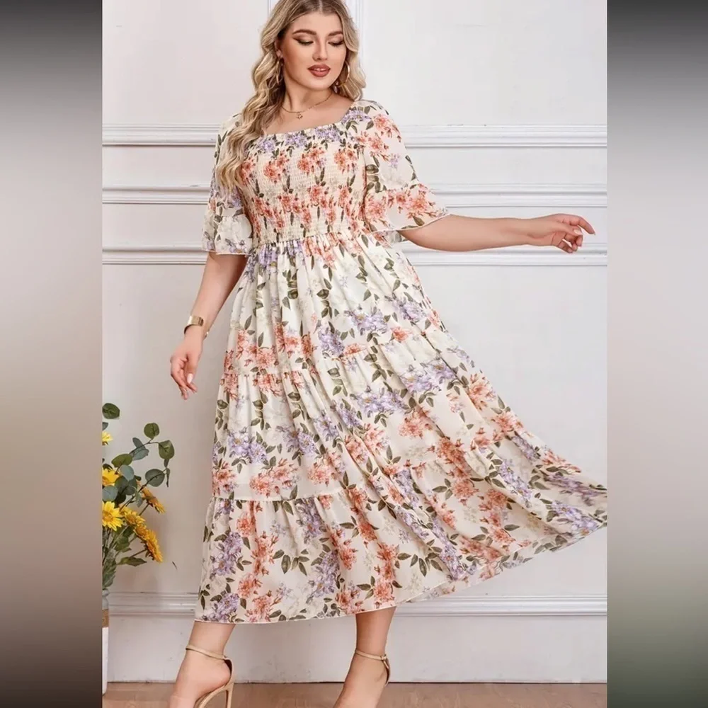 - NEW Floral Romantic Floral Square  neckline smocked Maxi plus  2X🌸BG1 - Picture 3 of 5